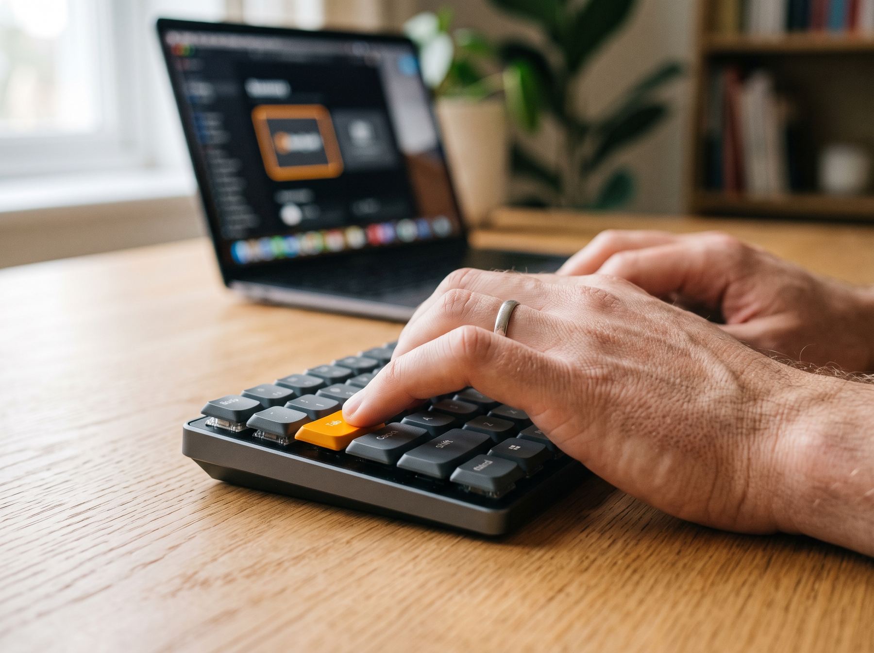 Hands on a keyboard pressing the Tab key to move through an interface