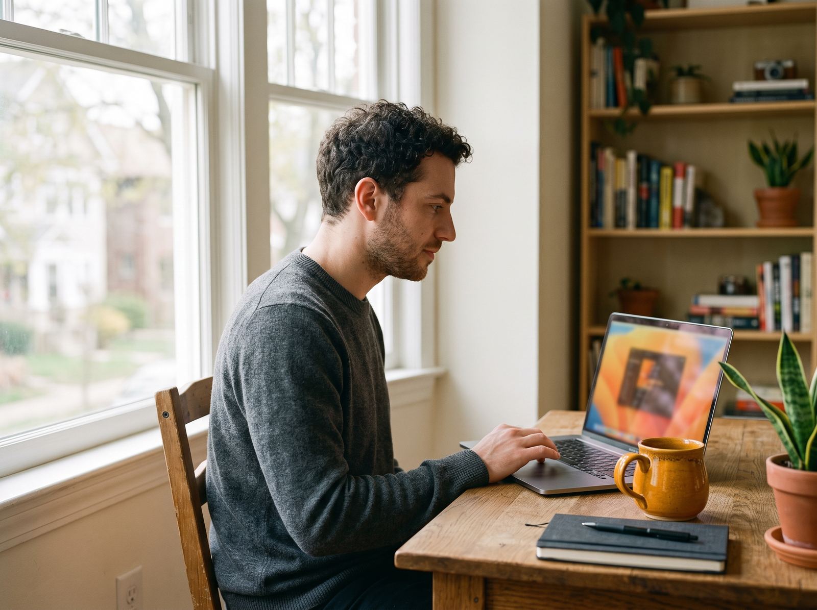 A developer working on a laptop at a home desk by the window