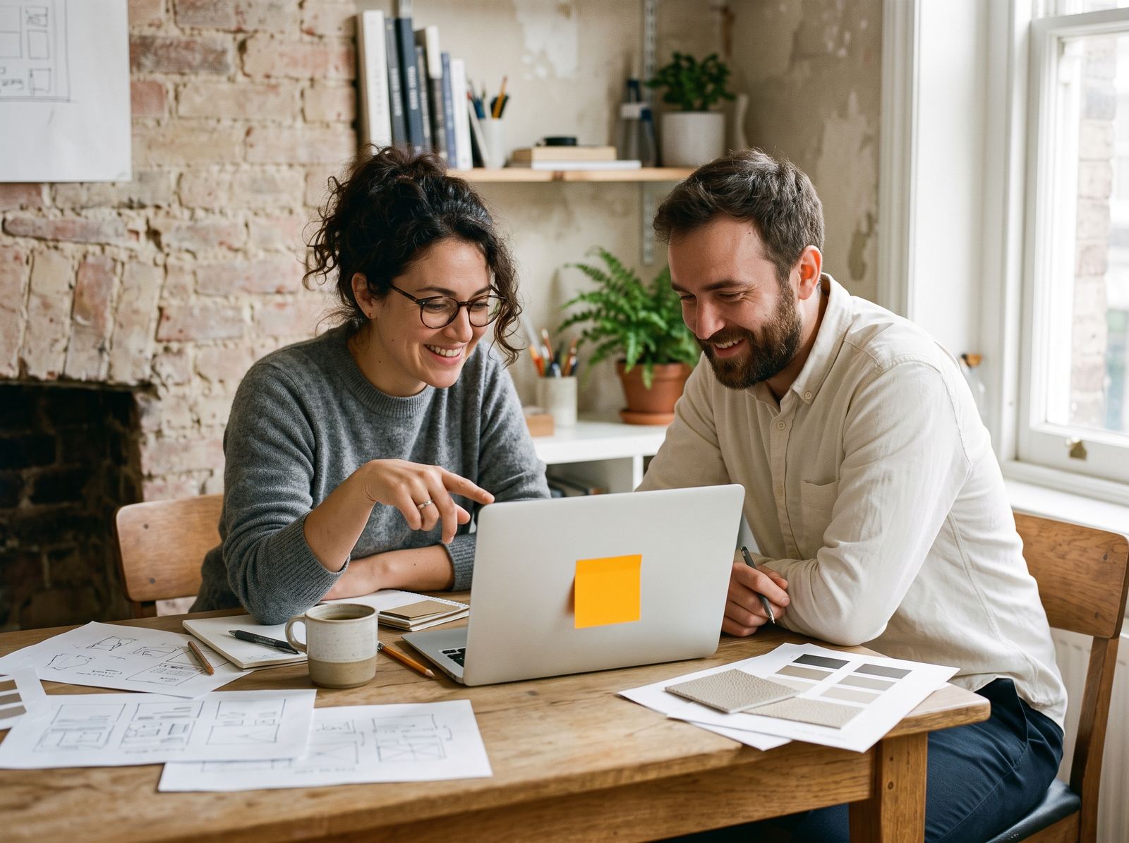 Two designers reviewing a project together on a laptop