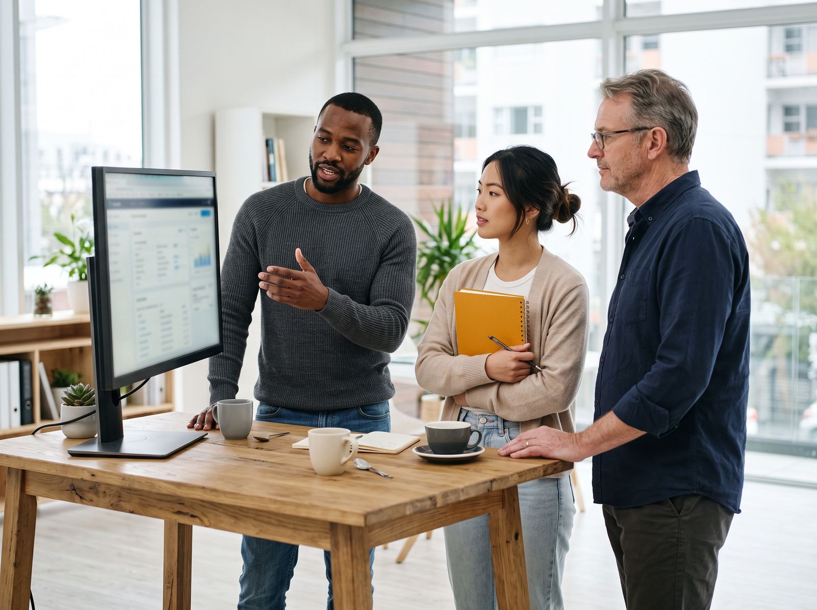 A product team discussing a dashboard around a large monitor